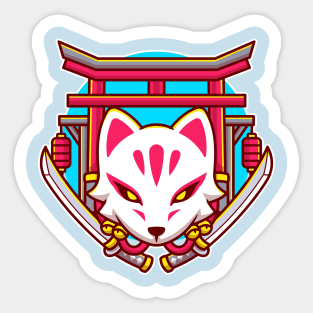 Cute Kitsune With Sword Cartoon Sticker